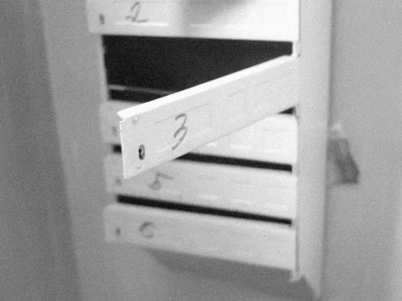 Close view of numbered metal file drawers